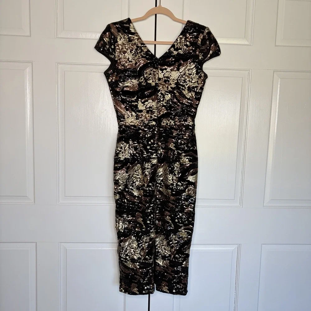 Dress the Population Black Gold Sequin Velvet V-Neck Cap Sleeve Sheath Midi Glam - Picture 6 of 12